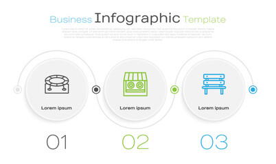 Set line Jumping trampoline, Shooting gallery and Bench. Business infographic template. Vector