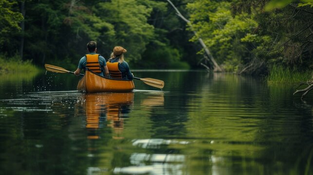 A couple in a canoe, paddling gently along a tranquil river, their reflections mirrored on the water's surface