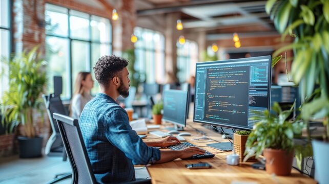 A software developer at work. A man sits at a desk in a bright office and stares at computer screens with lines of code.