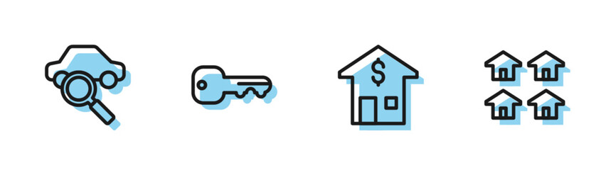 Set line House with dollar, Car sharing, key and Real estate icon. Vector