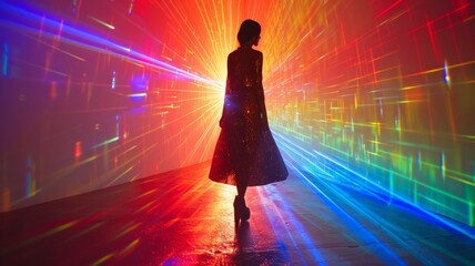 silhouette woman in front of rainbow colors background