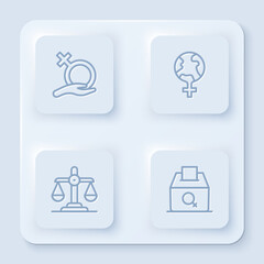 Set line Female gender, Feminism in the world, Gender equality and vote right. White square button. Vector
