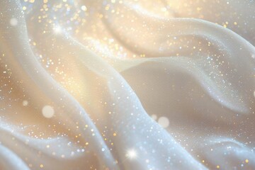 Gorgeous satin background, white fabric on bokeh glittering background