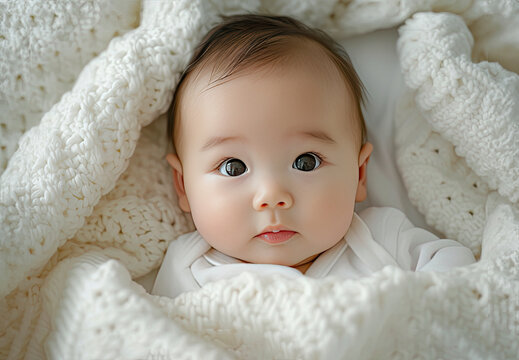 Asian baby in a blanket lying on bed, top view