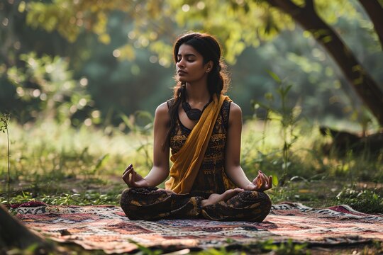 Portrait of young indian woman doing yoga at the park