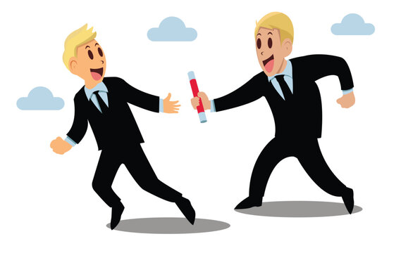 Employee estafet run, goal-focused, increase motivation, way to achieve the goal, support and teamwork, help in overcoming obstacles, vector illustration