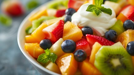 A colorful fruit salad topped with a dollop of creamy custard, a refreshing dessert