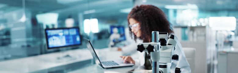 Laptop, woman or scientist with microscope or research in lab for chemistry report or medical test...