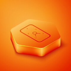 Isometric Mobile phone and face recognition icon isolated on orange background. Face identification scanner icon. Facial id. Cyber security. Orange hexagon button. Vector
