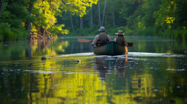 A couple in a canoe, paddling gently along a tranquil river, their reflections mirrored on the water's surface