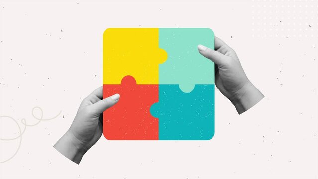 Hands putting together puzzles. Animation in a contemporary collage style