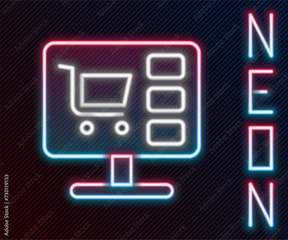 Wall mural glowing neon line shopping cart on screen computer icon isolated on black background. concept e-comm