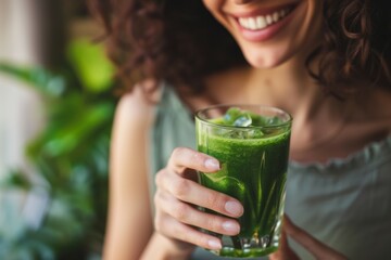 Health, drink and detox with woman and smoothie for diet, breakfast and protein. Nutrition, food and weight loss with face of person and glass for green juice, vitamins and supplement