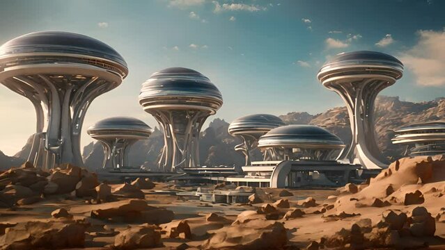 Unique structures combining spherical and conical shapes tower over the arid desert surface, symbolizing advanced technology and futuristic living.
