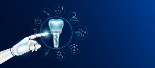 Doctor robot cyborg finger touching dental implant with medical icons. Human organ virtual interface. Innovative technology in health care futuristic. Ads banner empty space for text. Vector.