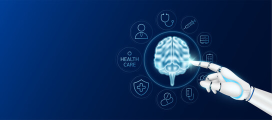 Innovative technology in health care futuristic. Doctor robot cyborg finger touching brain with medical icons. Human organ virtual interface. Ads banner empty space for text. Vector.