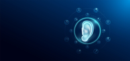 Medical health care. Human ear in transparent bubbles surround with medical icon. Technology innovation healthcare hologram organ on dark blue background. Banner empty space for text. Vector. - obrazy, fototapety, plakaty