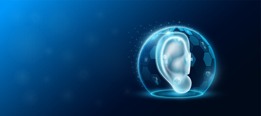 Ear human organ inside dome shield protection futuristic and medical icon transparent. Technology innovation health care. Medical science ads website banner with empty space for text. Vector.