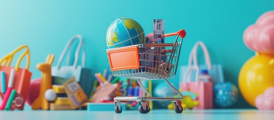 3D Render a globe on shopping cart in plastic cartoon style Illustration. AI generated image