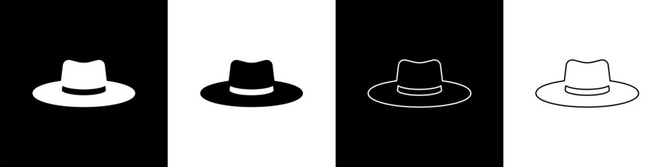 Set Gardener, farmer or agricultural worker hat icon isolated on black and white background. Vector
