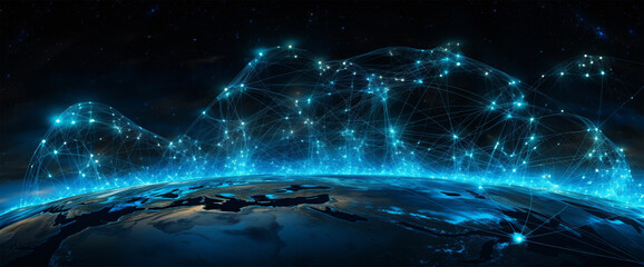 Global Network Connectivity: Digital World Map with Dynamic Light Effects - obrazy, fototapety, plakaty