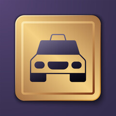 Purple Taxi car icon isolated on purple background. Gold square button. Vector