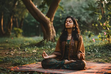 Portrait of young indian woman doing yoga at the park