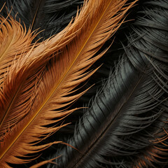 Background of elegant golden and black feathers pattern with many texture and reflections.