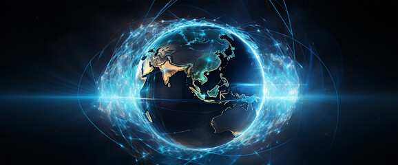 Global Network Connectivity: Digital World Map with Dynamic Light Effects - obrazy, fototapety, plakaty