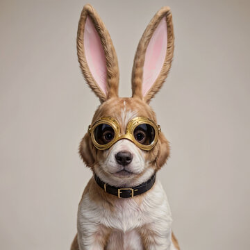 Photography of funny puppy dog ​​wearing a brown rabbit costume and golden circular glasses ready for the party on a white background