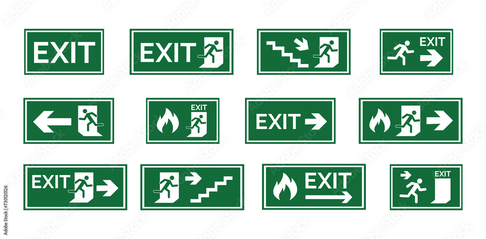 Wall mural various exit signs isolated on white background. exit sign collection in flat style. vector stock