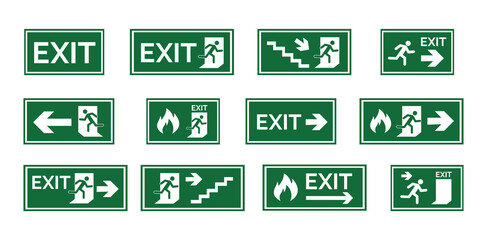 Various exit signs isolated on white background. Exit sign collection in flat style. Vector stock - obrazy, fototapety, plakaty