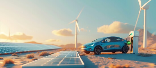 Electric vehicle on charge station using sustainable solar panel and windmill. AI generated image - obrazy, fototapety, plakaty