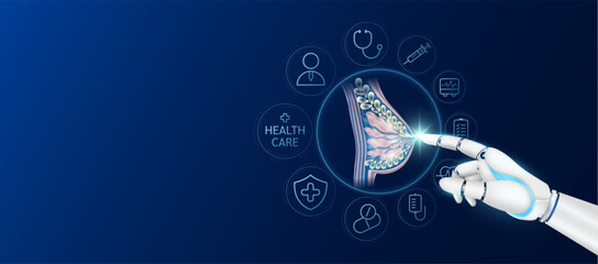 Innovative technology in health care futuristic. Doctor robot cyborg finger touching female breast with medical icons. Human organ virtual interface. Ads banner empty space for text. Vector.