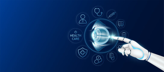 Innovative technology in health care futuristic. Doctor robot cyborg finger touching eyeball with medical icons. Human organ virtual interface. Ads banner empty space for text. Vector. - obrazy, fototapety, plakaty