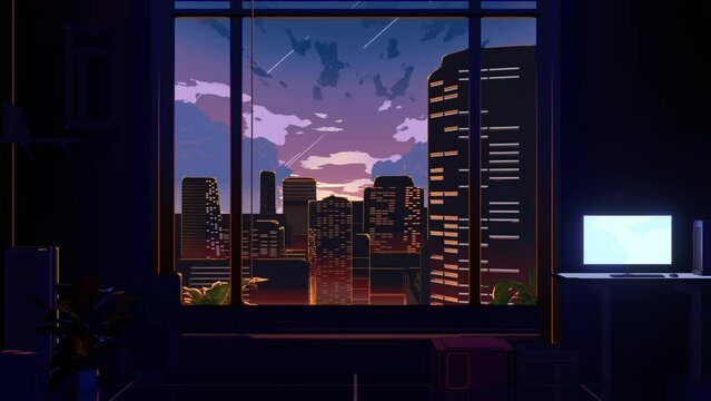 anime style background scenery of a room with open window in the city, evening scene with shooting star seamless loop
