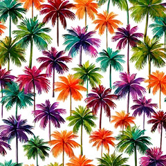 A lot of colorful palm trees, pattern, watercolor, white background