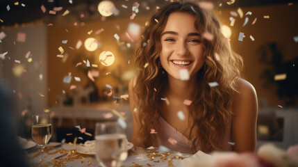Obraz na płótnie Canvas Showering confetti on teenage girl in her birthday party