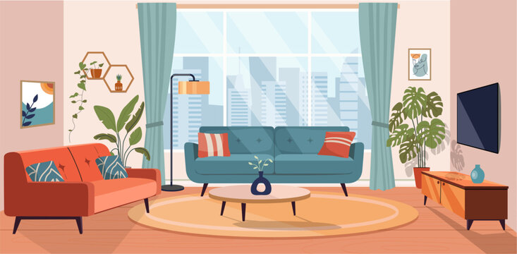 Living room interior. Comfortable sofa, TV,  window, chair and house plants. Vector flat illustration