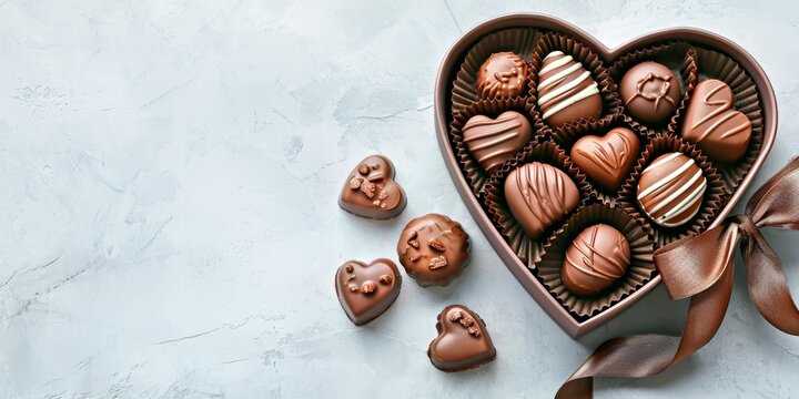 Boîte en forme de coeur avec de délicieux bonbons au chocolat et ruban sur table gris clair à plat