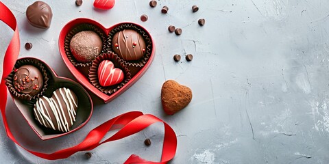 Boîte en forme de coeur avec de délicieux bonbons au chocolat et ruban sur table gris clair à...