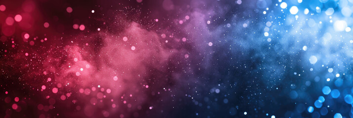 Fototapeta premium red and blue white background with stars in dust, red blue glitter sparkle on dark background, circle bokeh, defocused, blue red space galaxy , nebula, cosmos banner poster background
