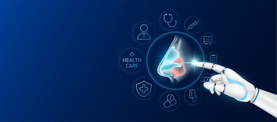 Innovative technology in health care futuristic. Doctor robot cyborg finger touching nose with medical icons. Human organ virtual interface. Ads banner empty space for text. Vector. - obrazy, fototapety, plakaty