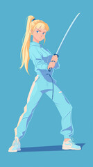 Beautiful blonde with blue eyes stands with a katana in her hands