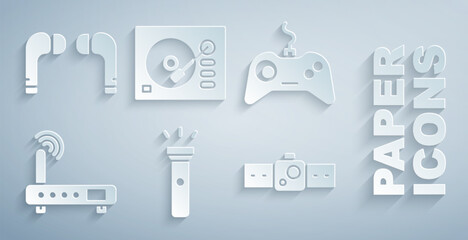 Set Flashlight, Gamepad, Router and wi-fi signal, Smartwatch, Vinyl player and Air headphones icon. Vector