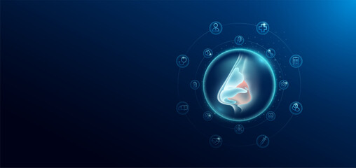 Medical health care. Human nose in transparent bubbles surround with medical icon. Technology innovation healthcare hologram organ on dark blue background. Banner empty space for text. Vector.