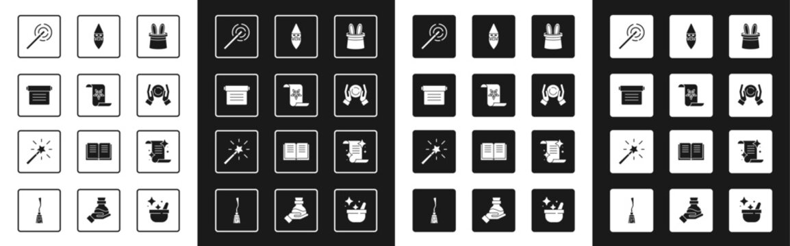Set Magician hat and rabbit ears, Ancient magic book, wand, ball on hand, Wizard warlock, and icon. Vector