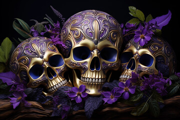 violet and gold 3d skull image, in the style of vibrant compositions maximum more copy space