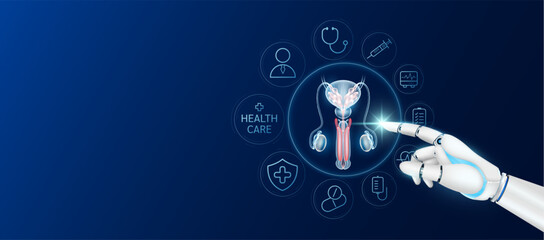 Innovative technology in health care futuristic. Doctor robot cyborg finger touching penis with medical icons. Human organ virtual interface. Ads banner empty space for text. Vector.