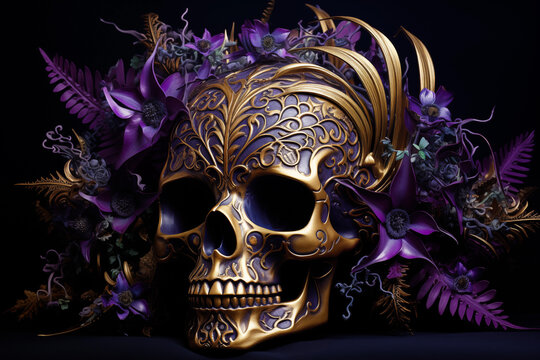 violet and gold 3d skull image, in the style of vibrant compositions maximum more copy space